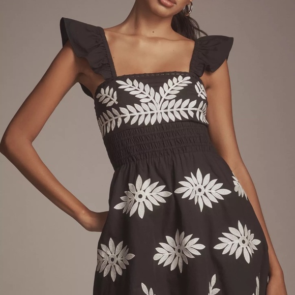 By Anthropologie Ruffle-Strap Embroidered Smocked Mini Dress Black & White M NWT - Picture 3 of 5